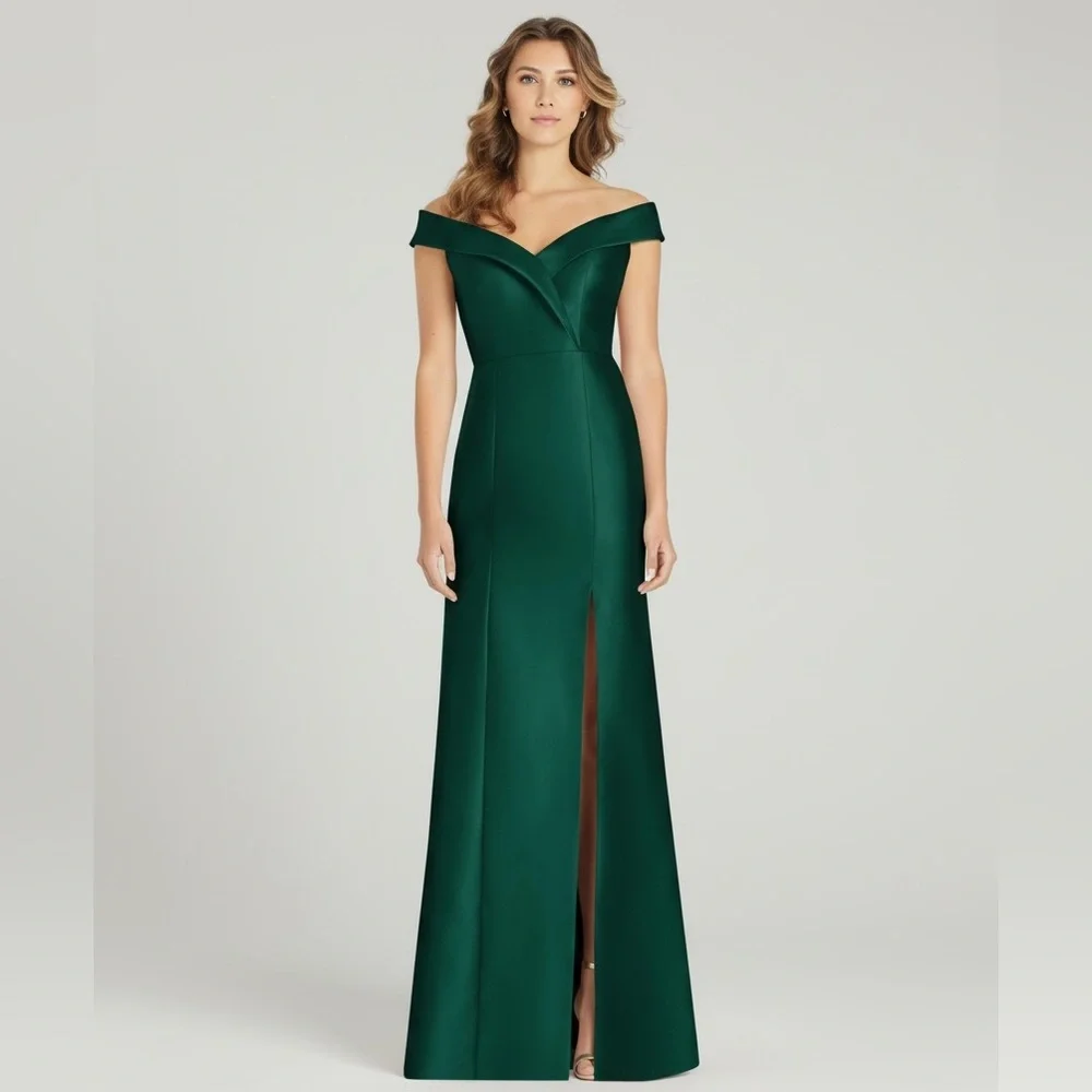 NWT Alfred Sung Off-the-Shoulder Gown Size 8 in Green Satin - Picture 3 of 15